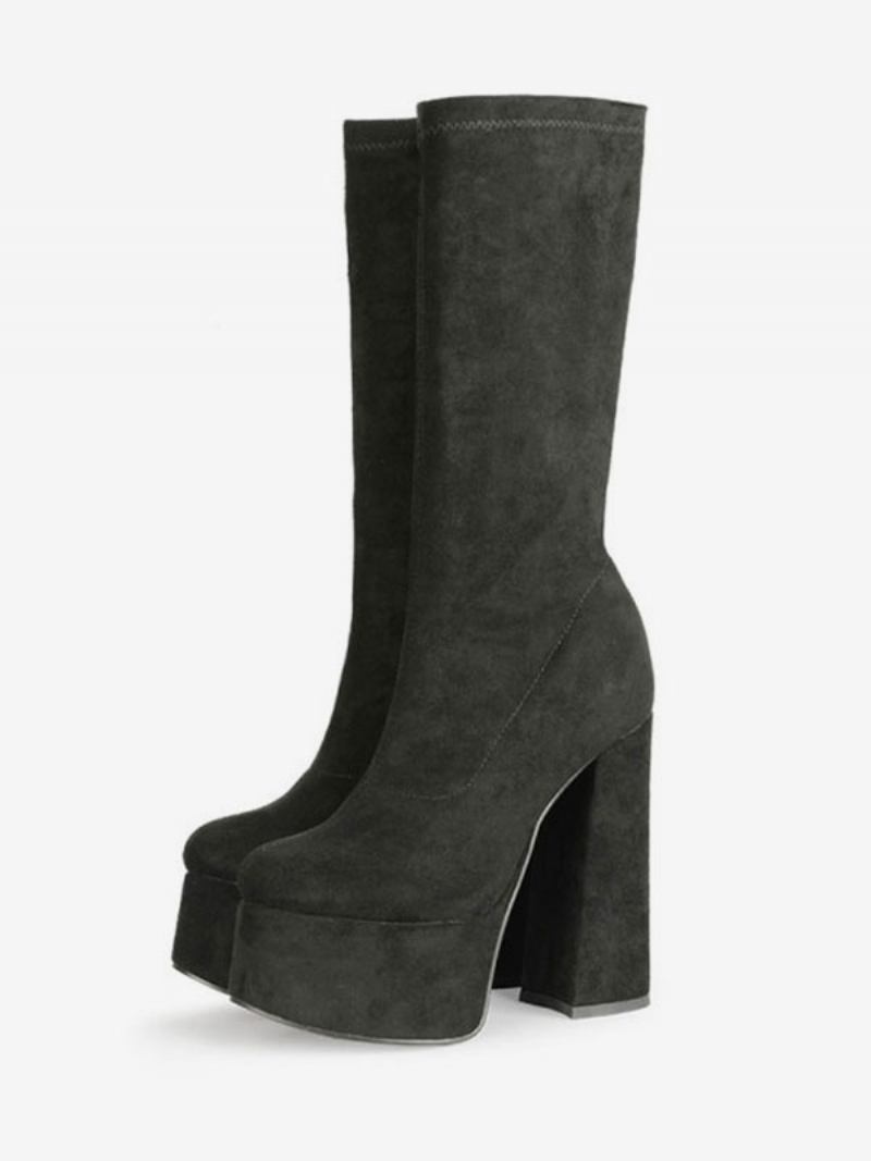 Botas Femininas Com Plataforma Salto Grosso E Meia Panturrilha - Preto