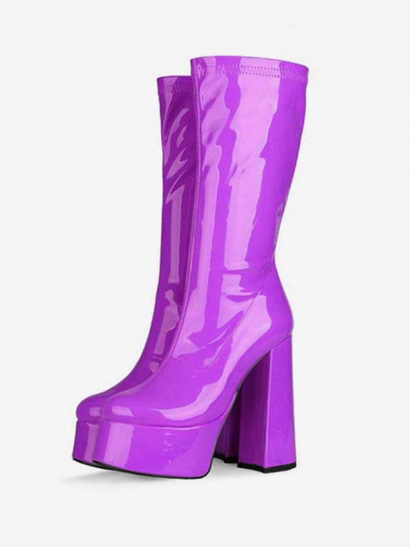 Botas Femininas Com Plataforma Salto Médio E Cano Couro Brilhante Alto - Roxo