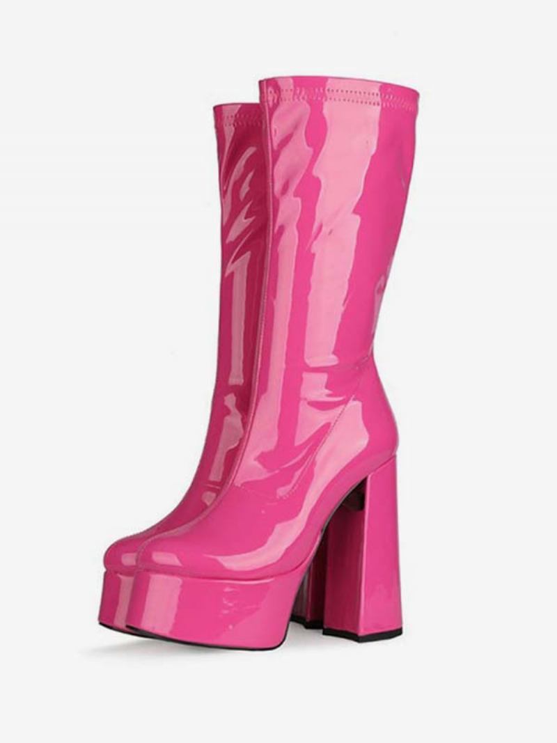 Botas Femininas Com Plataforma Salto Médio E Cano Couro Brilhante Alto - Rosa