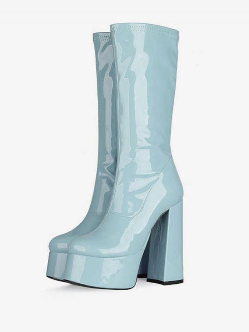 Botas Femininas Com Plataforma Salto Médio E Cano Couro Brilhante Alto - Azul Céu Claro