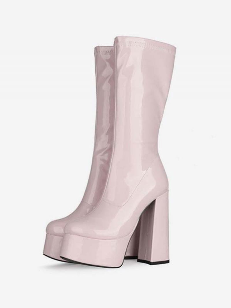 Botas Femininas Com Plataforma Salto Médio E Cano Couro Brilhante Alto - Rosa