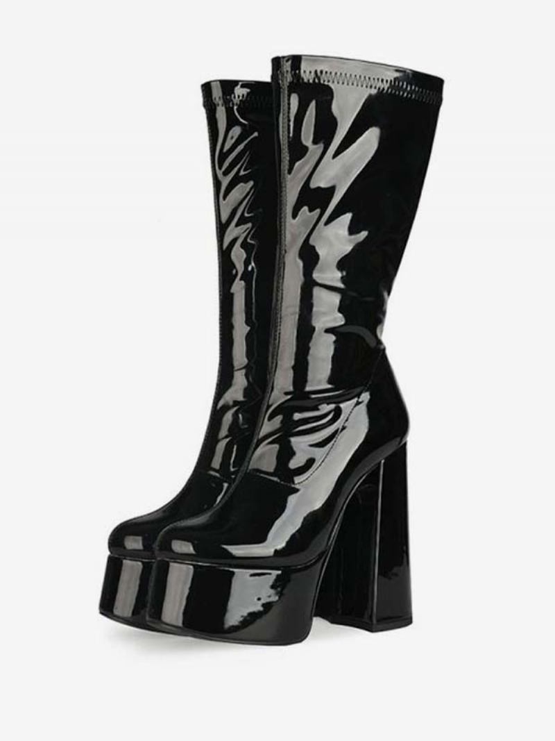 Botas Femininas Com Plataforma Salto Médio E Cano Couro Brilhante Alto - Preto