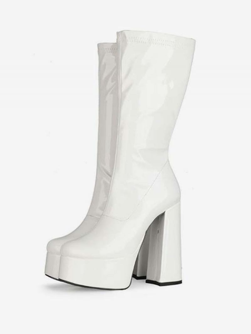 Botas Femininas Com Plataforma Salto Médio E Cano Couro Brilhante Alto - Branco