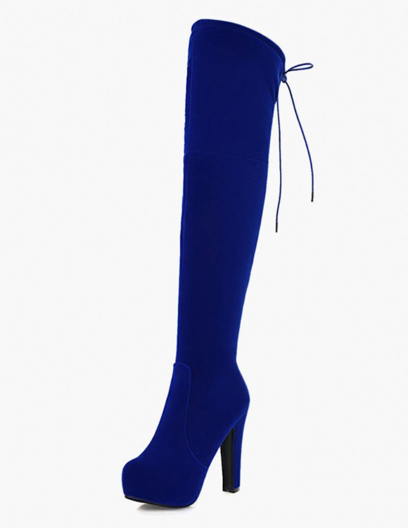 Botas Femininas Com Plataforma Sobre O Joelho Monograma Camurça Bico Redondo Salto Grosso - Azul