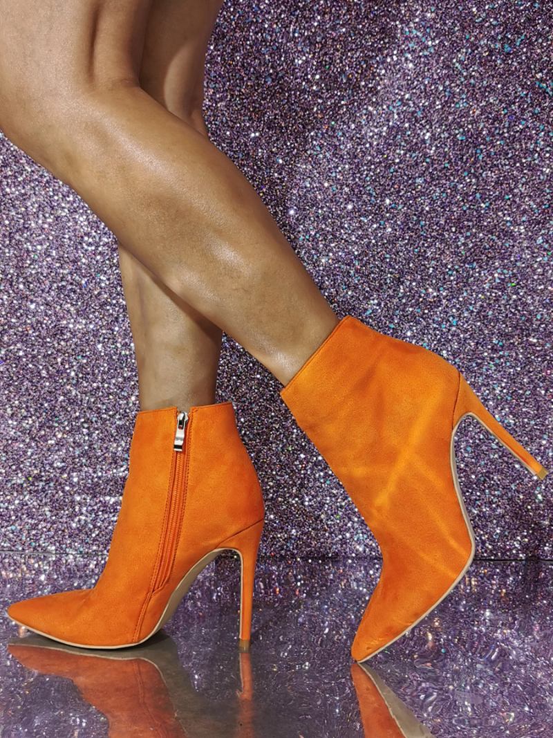 Botas Femininas Com Salto Agulha E Bico Fino - Laranja