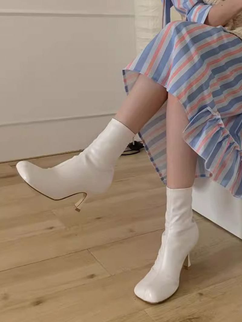 Botas Femininas Com Salto Agulha E Bico Quadrado - Branco