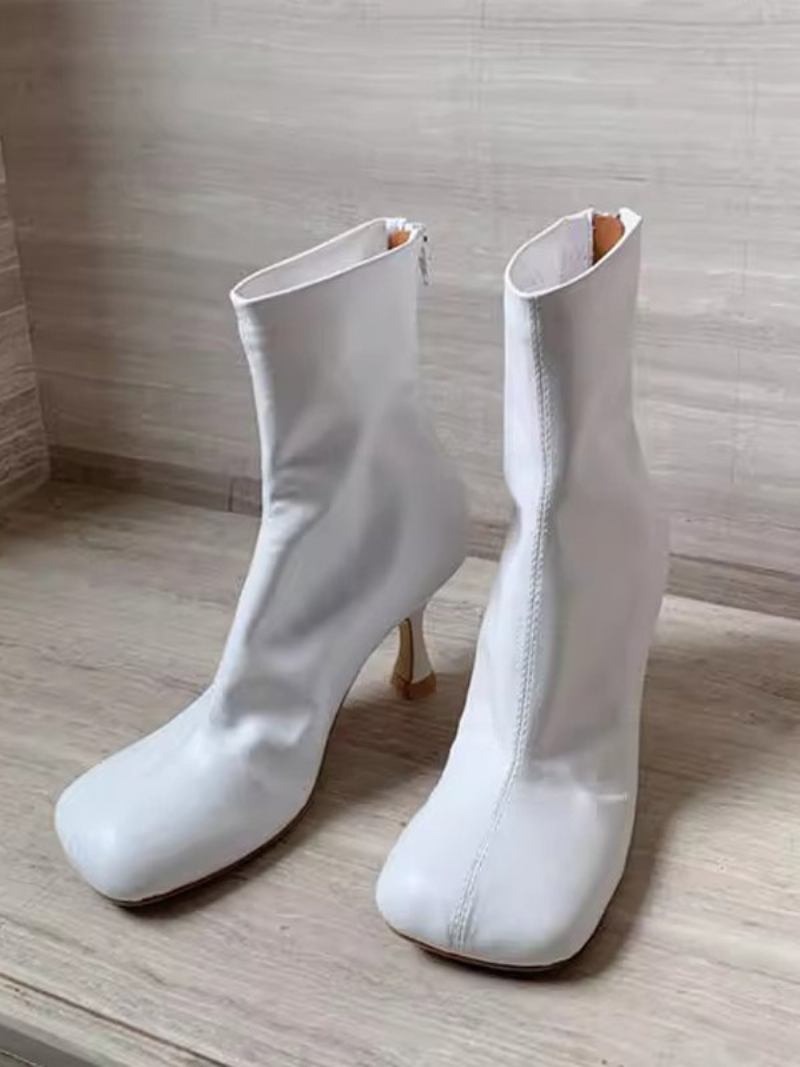 Botas Femininas Com Salto Agulha E Bico Quadrado - Branco