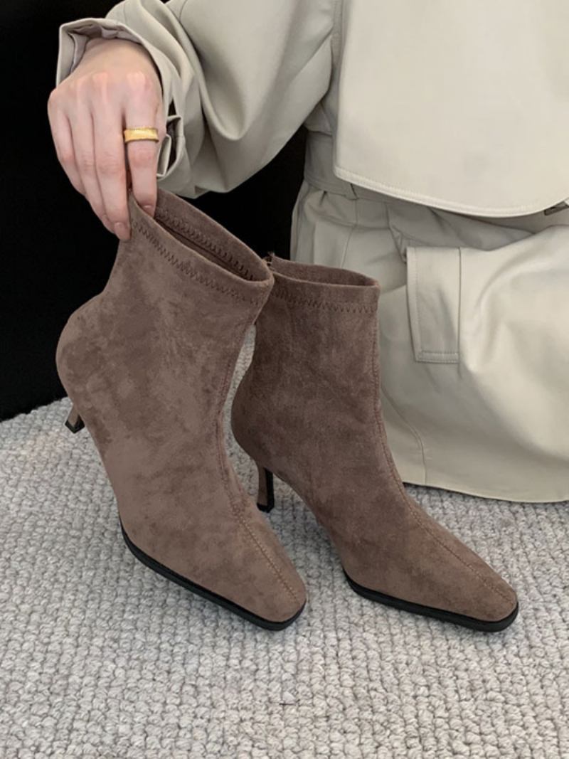 Botas Femininas Com Salto Agulha E Bico Quadrado - Cáqui