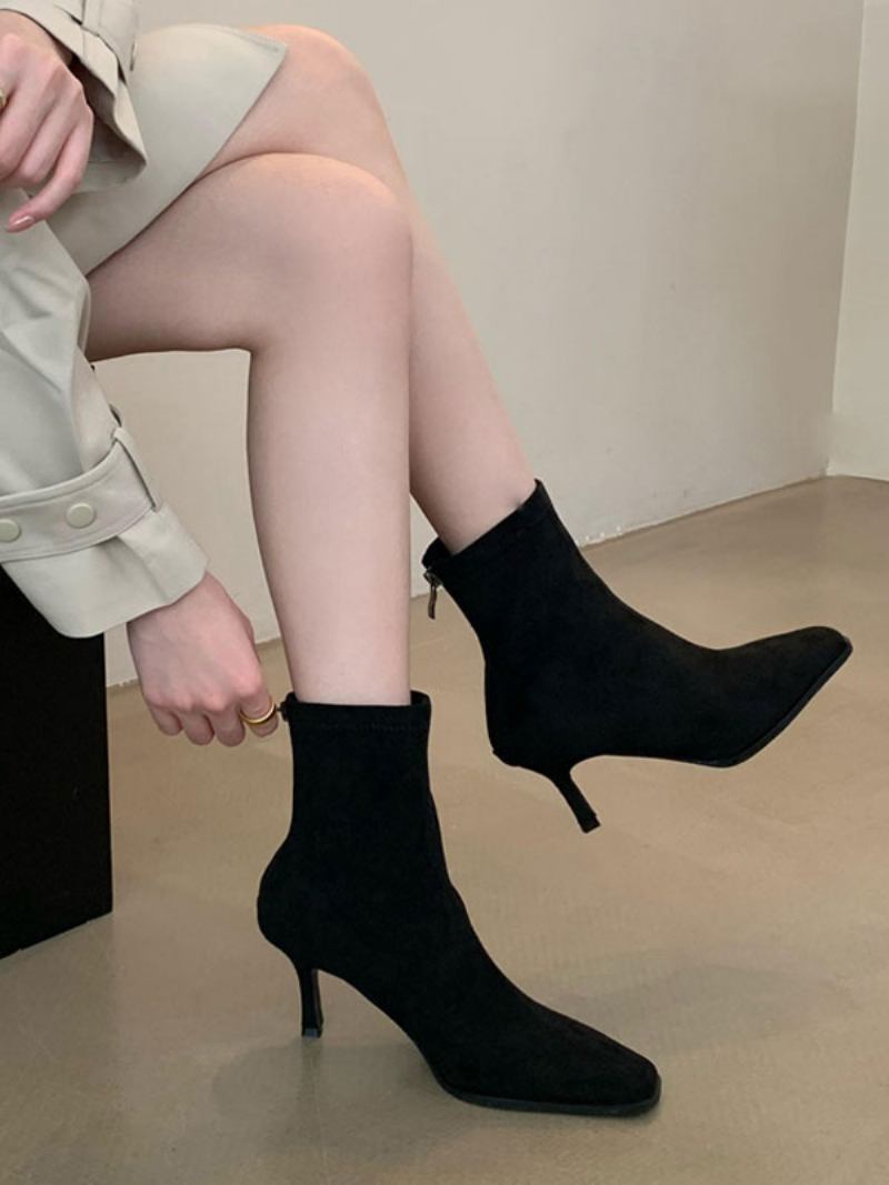 Botas Femininas Com Salto Agulha E Bico Quadrado - Preto