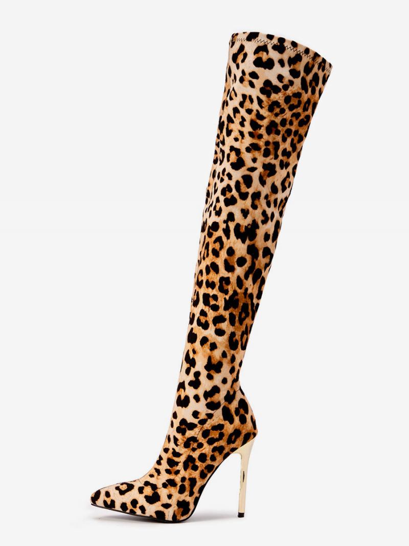 Botas Femininas Com Salto Agulha Sobre O Joelho Estampa Leopardo