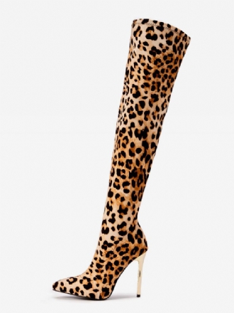 Botas Femininas Com Salto Agulha Sobre O Joelho Estampa Leopardo