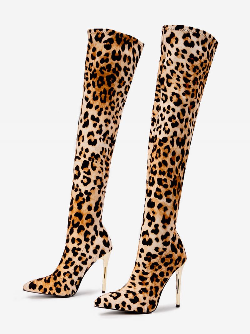 Botas Femininas Com Salto Agulha Sobre O Joelho Estampa Leopardo - Leopardo