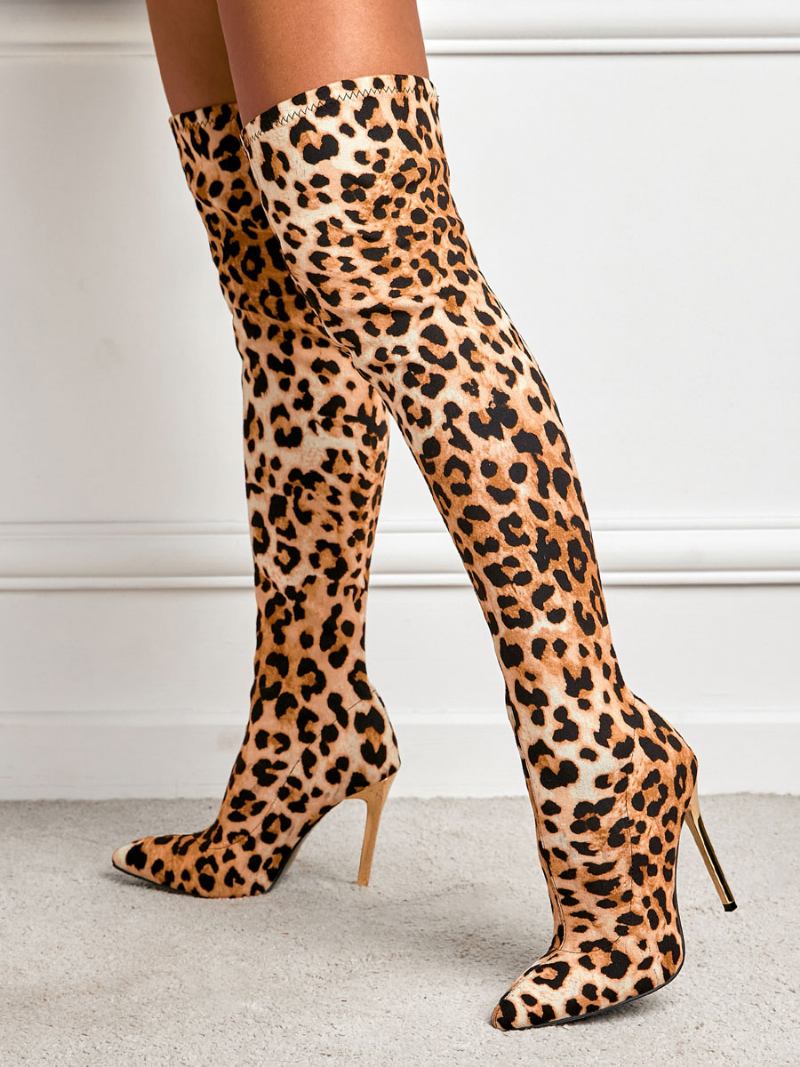 Botas Femininas Com Salto Agulha Sobre O Joelho Estampa Leopardo - Leopardo