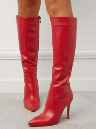 Botas Femininas Com Salto Agulha Vermelho E Bico Fino Até O Joelho