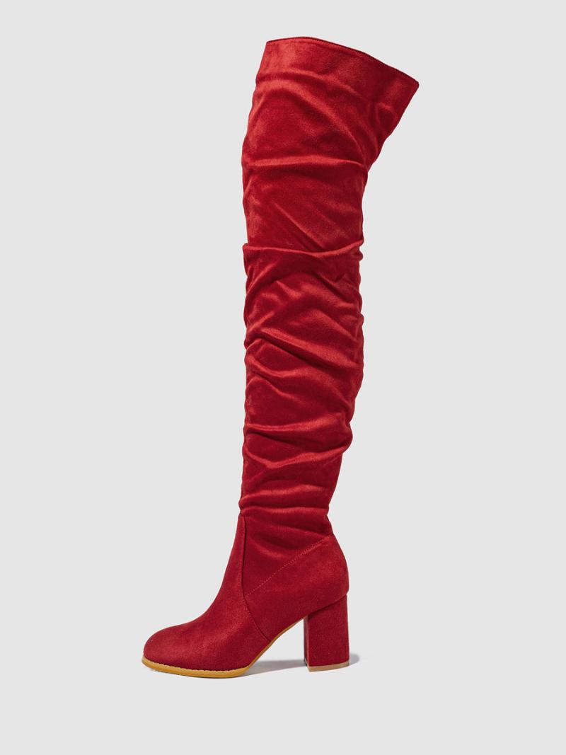 Botas Femininas Com Salto Grosso E Micro Camurça Na Parte Superior Do Joelho - Vermelho