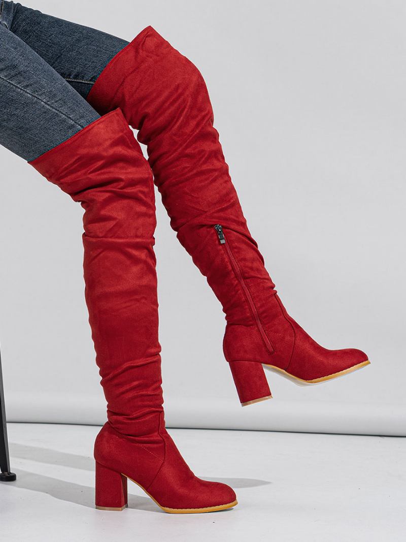 Botas Femininas Com Salto Grosso E Micro Camurça Na Parte Superior Do Joelho - Vermelho