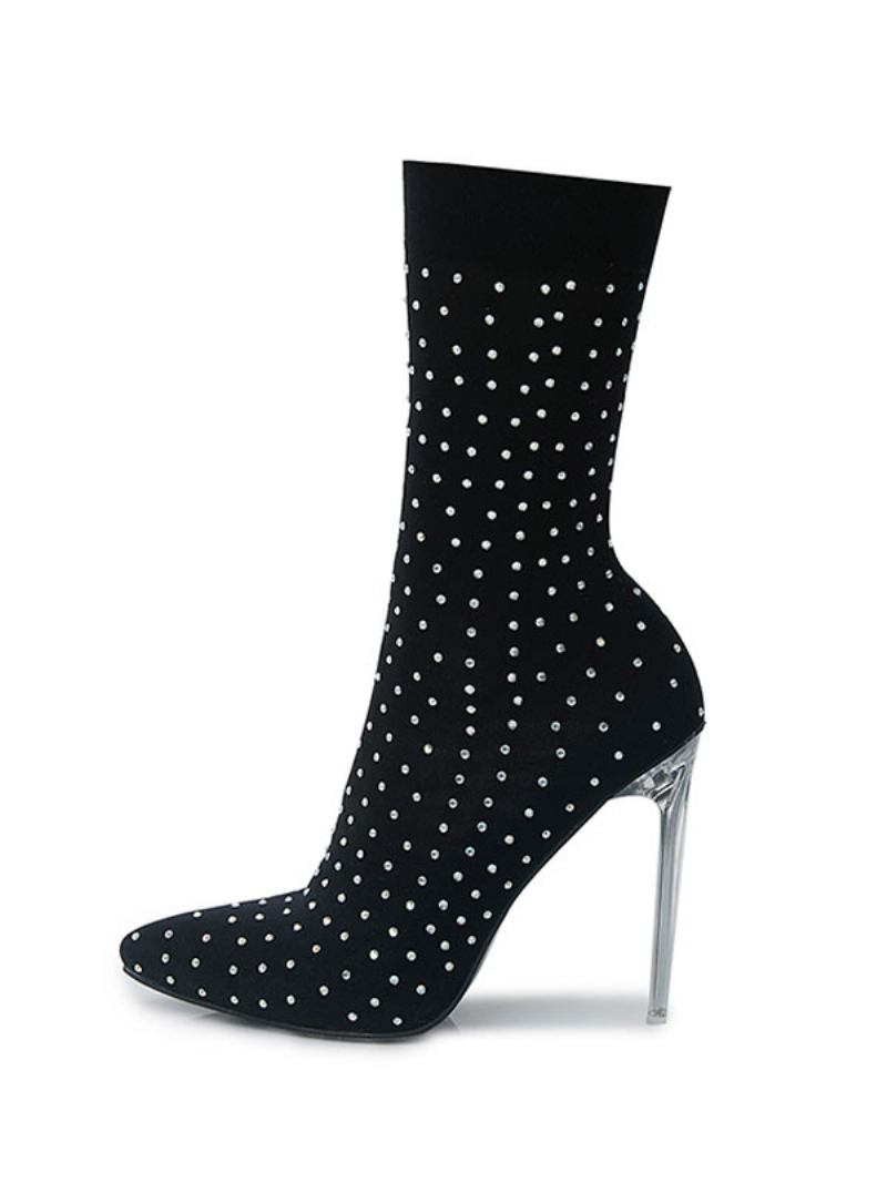 Botas Femininas Com Strass Bico Fino Salto Agulha Tecido Elástico Pretas