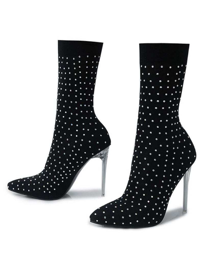 Botas Femininas Com Strass Bico Fino Salto Agulha Tecido Elástico Pretas - Preto