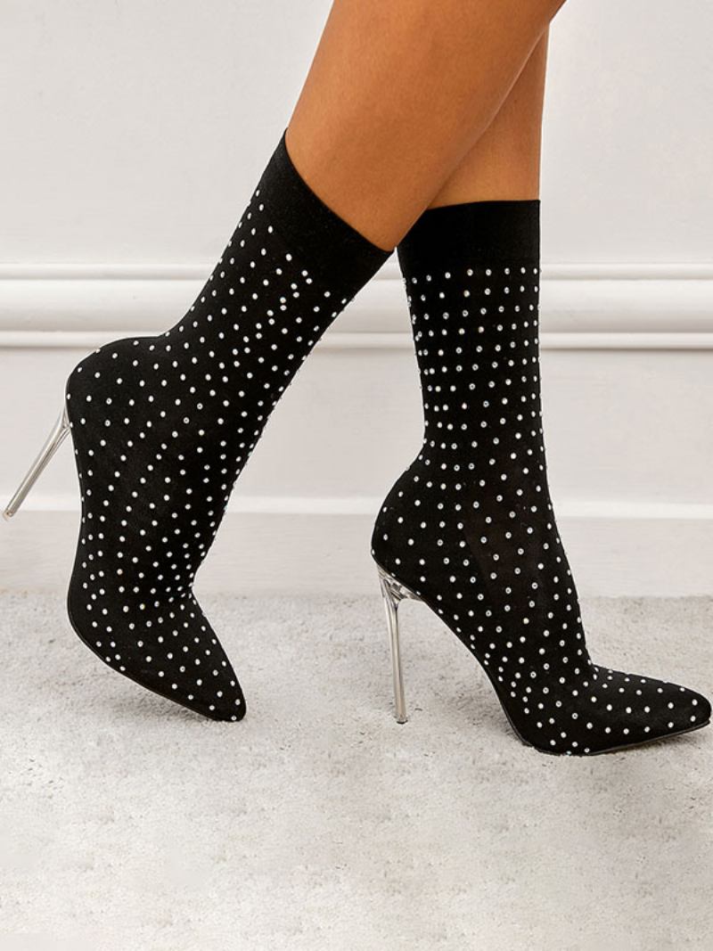 Botas Femininas Com Strass Bico Fino Salto Agulha Tecido Elástico Pretas - Preto