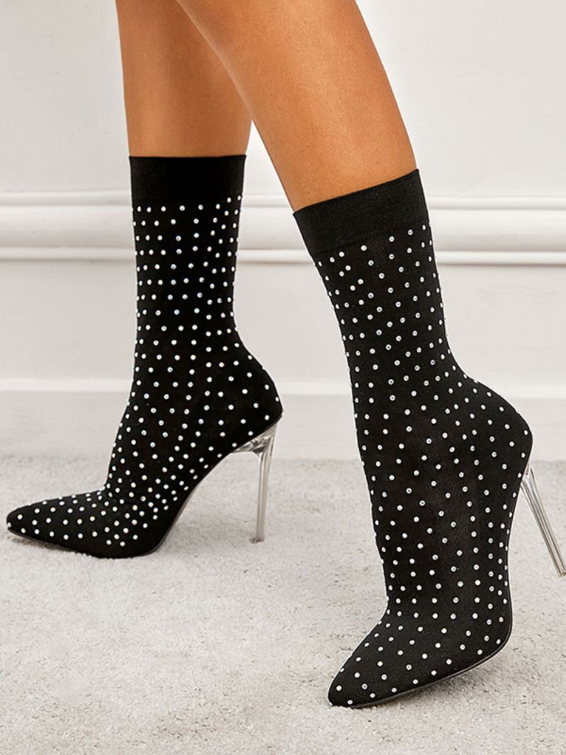 Botas Femininas Com Strass Bico Fino Salto Agulha Tecido Elástico Pretas - Preto