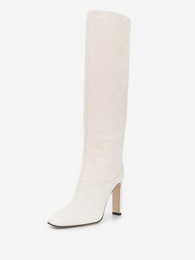 Botas Femininas Cor Vinho Com Bico Quadrado E Salto Grosso Na Altura Do Joelho - Branco