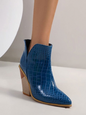 Botas Femininas Couro Azul Bico Fino Salto Grosso Com Estampa Pele Cobra