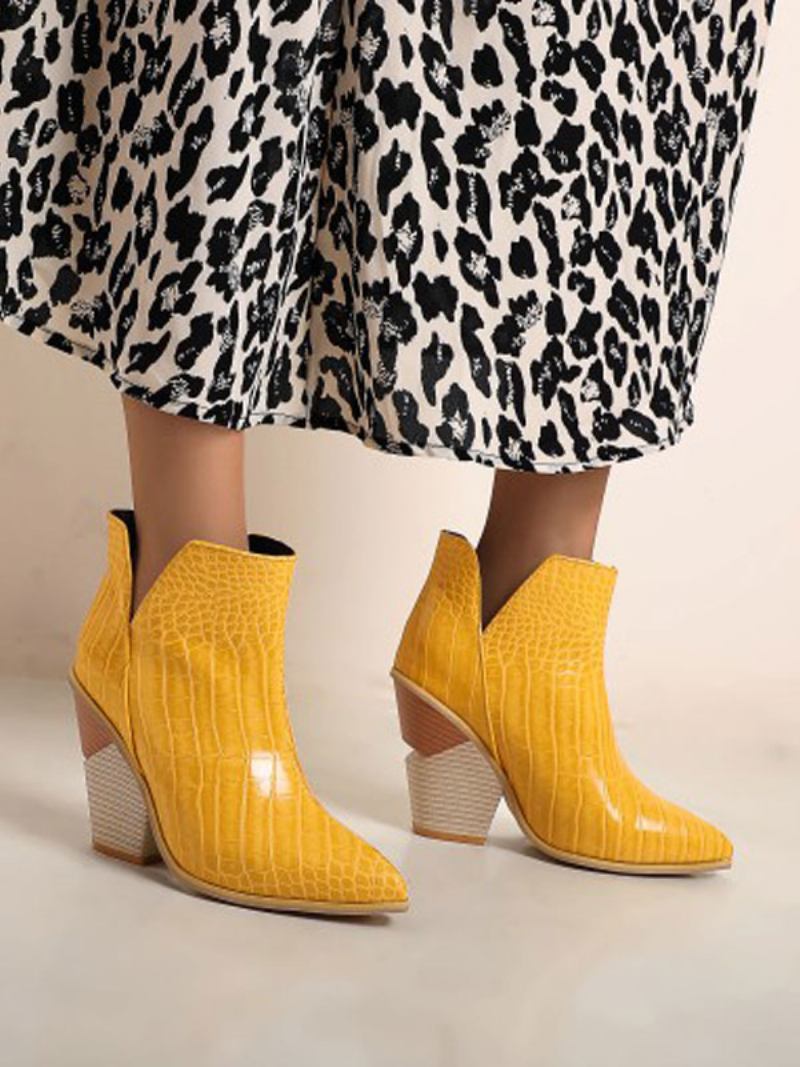 Botas Femininas Couro Azul Bico Fino Salto Grosso Com Estampa Pele Cobra - Amarelo