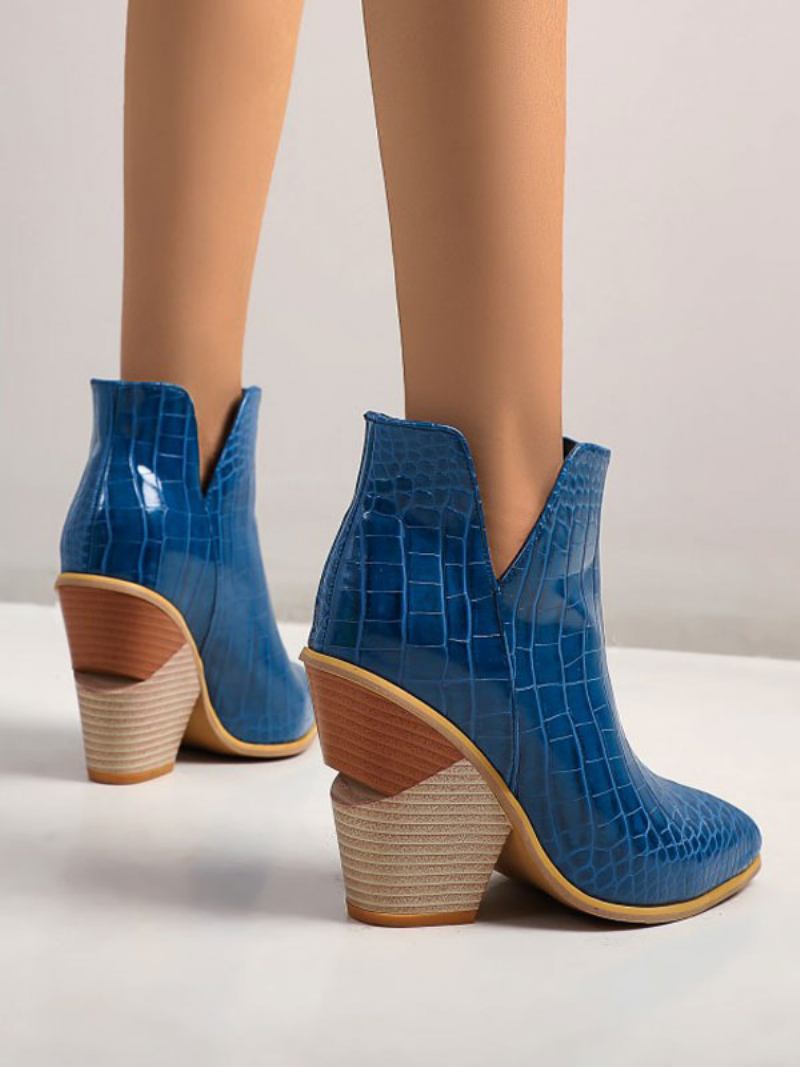 Botas Femininas Couro Azul Bico Fino Salto Grosso Com Estampa Pele Cobra - Azul