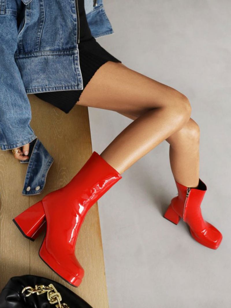 Botas Femininas Couro Brilhante Com Bico Quadrado E Salto Bloco Médio Na Panturrilha - Vermelho