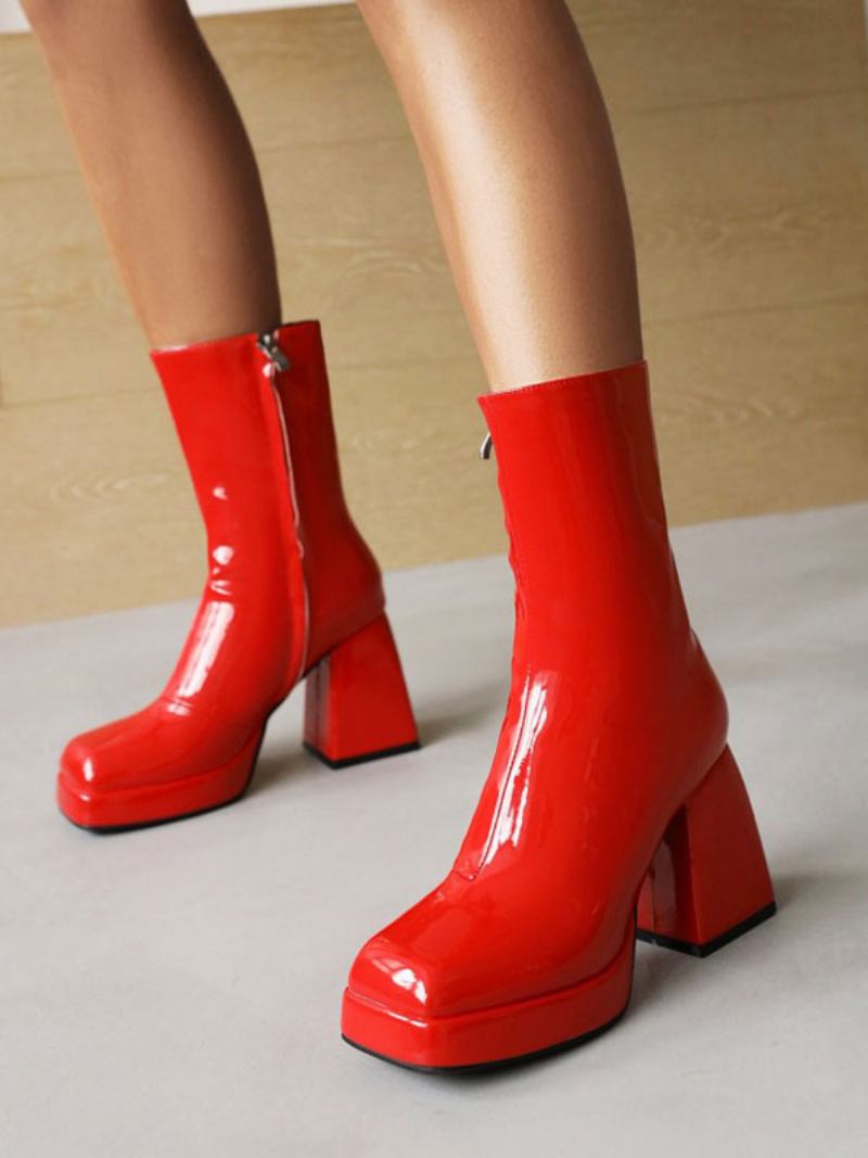 Botas Femininas Couro Brilhante Com Bico Quadrado E Salto Bloco Médio Na Panturrilha - Vermelho