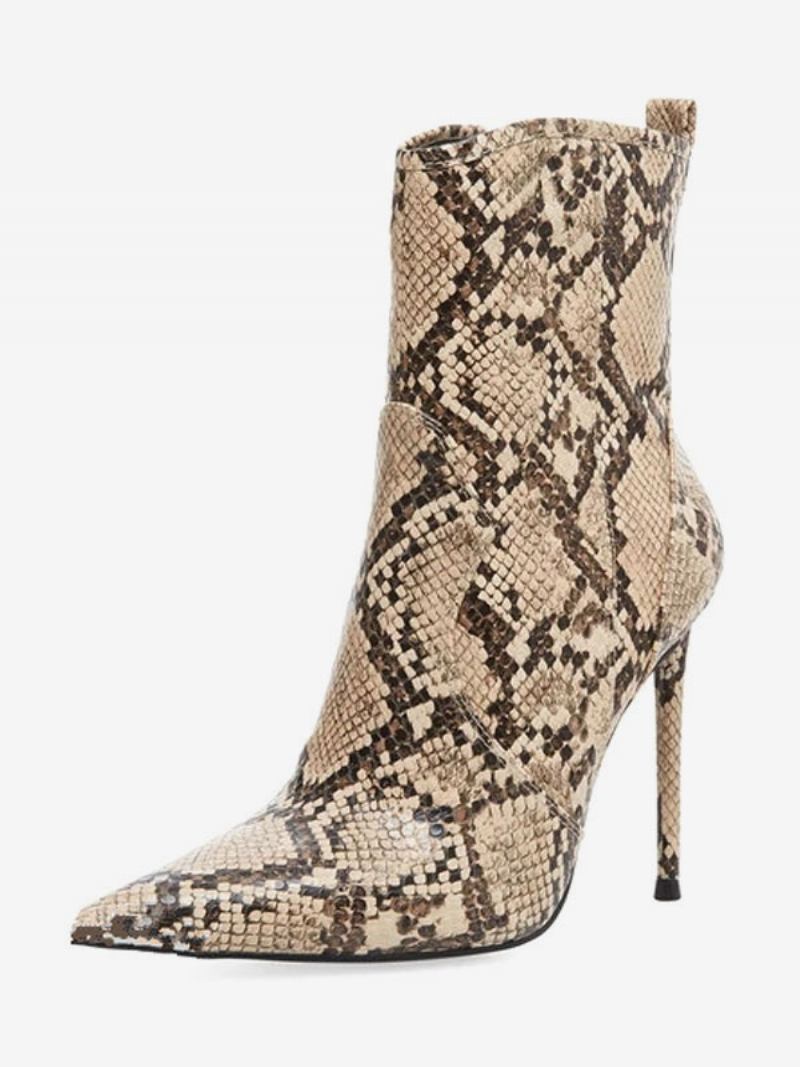 Botas Femininas Couro Com Estampa Python Bico Fino Salto Agulha Alto