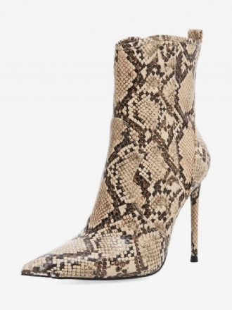 Botas Femininas Couro Com Estampa Python Bico Fino Salto Agulha Alto