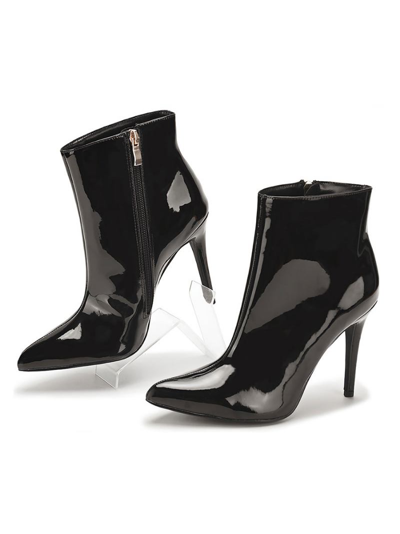 Botas Femininas Couro Com Zíper Preto E Bico Fino - Preto