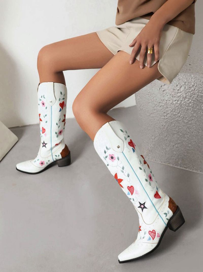 Botas Femininas Couro Pu Bico Fino Salto Grosso Meia Panturrilha Sapatos Casamento Cowgirl