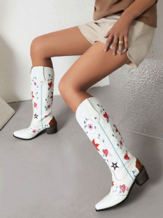 Botas Femininas Couro Pu Bico Fino Salto Grosso Meia Panturrilha Sapatos Casamento Cowgirl