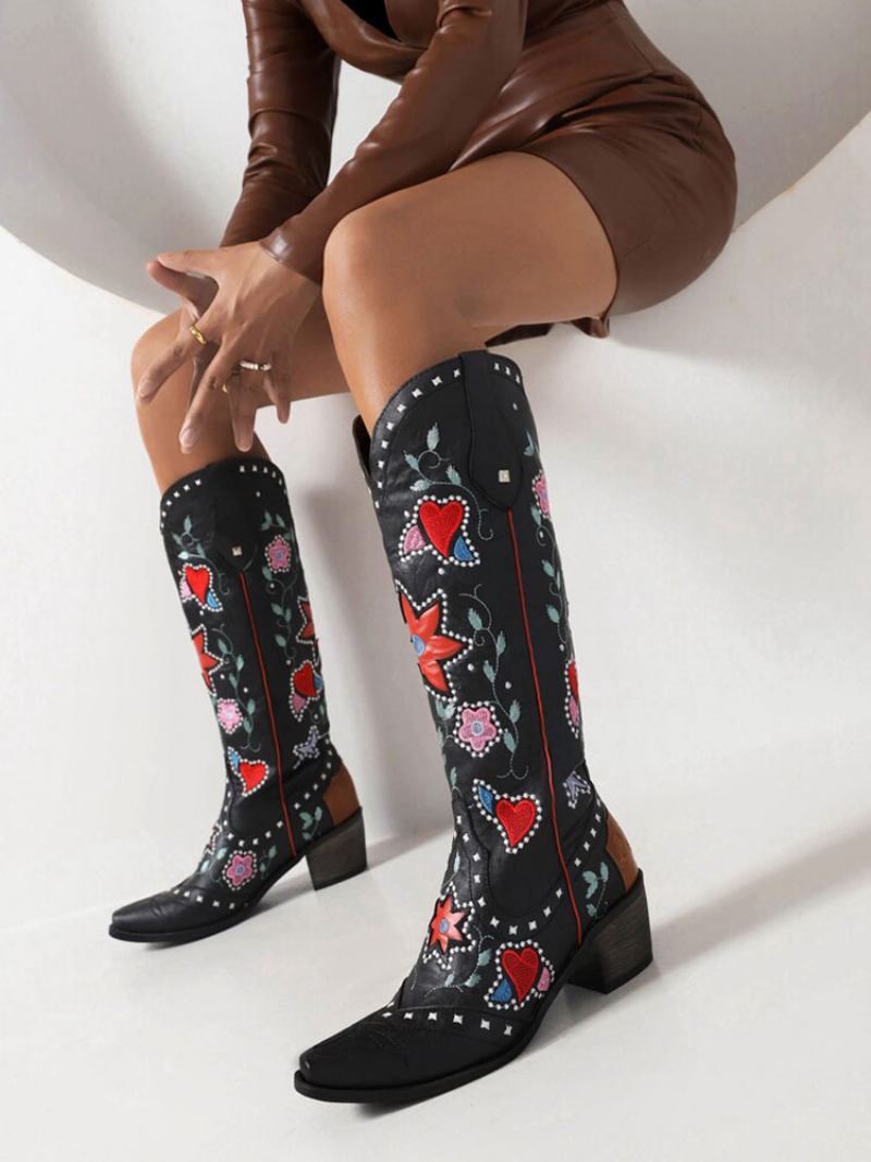 Botas Femininas Couro Pu Bico Fino Salto Grosso Meia Panturrilha Sapatos Casamento Cowgirl - Preto