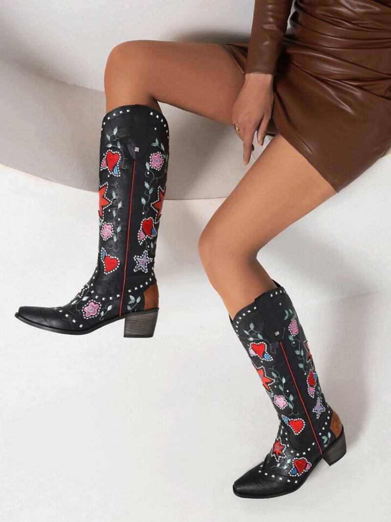 Botas Femininas Couro Pu Bico Fino Salto Grosso Meia Panturrilha Sapatos Casamento Cowgirl - Preto