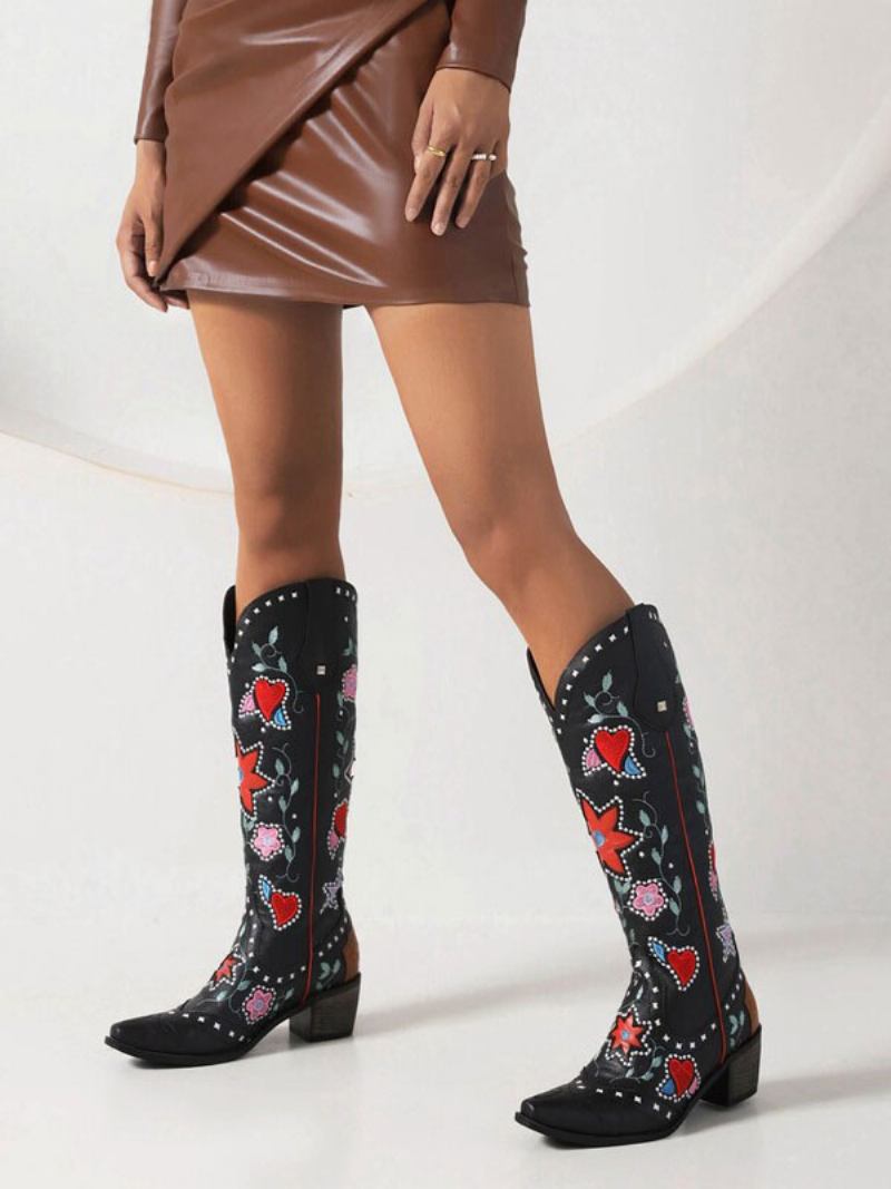 Botas Femininas Couro Pu Bico Fino Salto Grosso Meia Panturrilha Sapatos Casamento Cowgirl - Preto