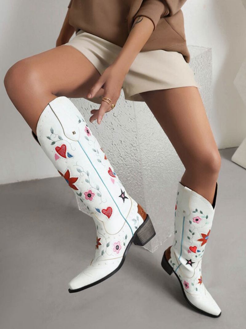 Botas Femininas Couro Pu Bico Fino Salto Grosso Meia Panturrilha Sapatos Casamento Cowgirl - Branco