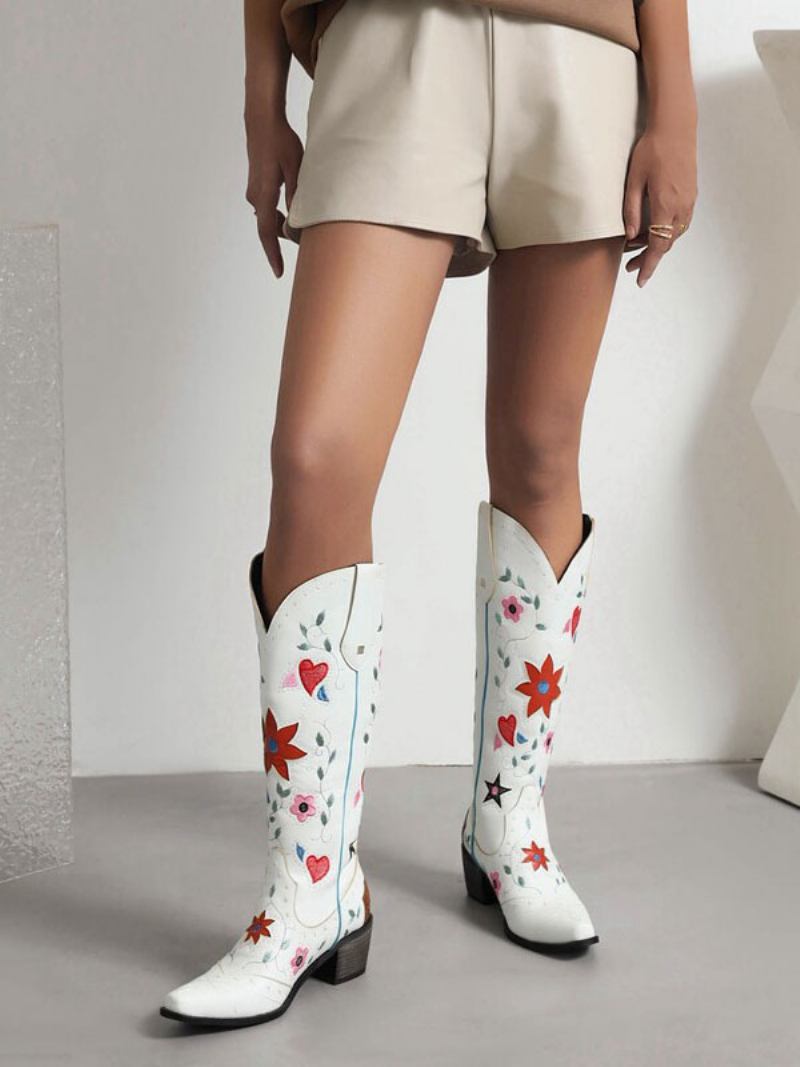 Botas Femininas Couro Pu Bico Fino Salto Grosso Meia Panturrilha Sapatos Casamento Cowgirl - Branco