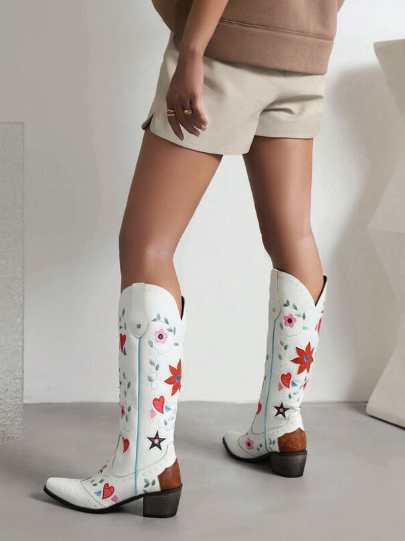 Botas Femininas Couro Pu Bico Fino Salto Grosso Meia Panturrilha Sapatos Casamento Cowgirl - Branco