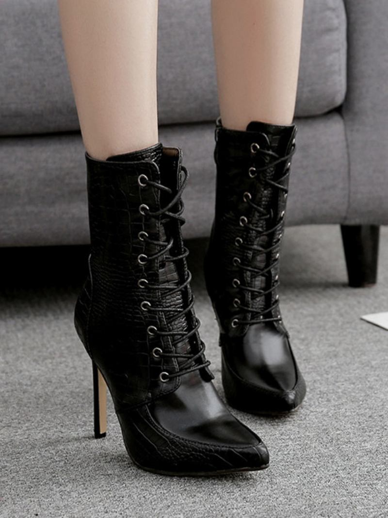 Botas Femininas Couro Pu Com Bico Fino E Salto Agulha - Preto