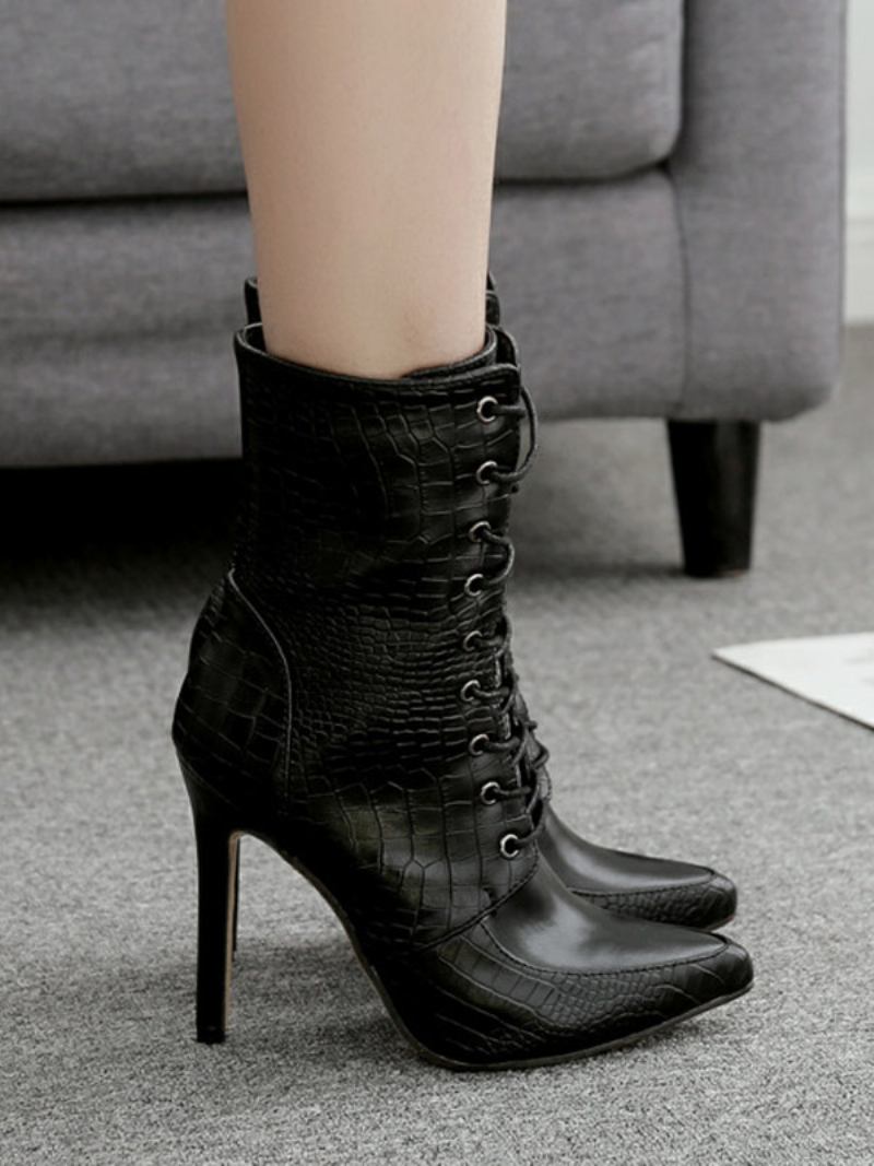 Botas Femininas Couro Pu Com Bico Fino E Salto Agulha - Preto