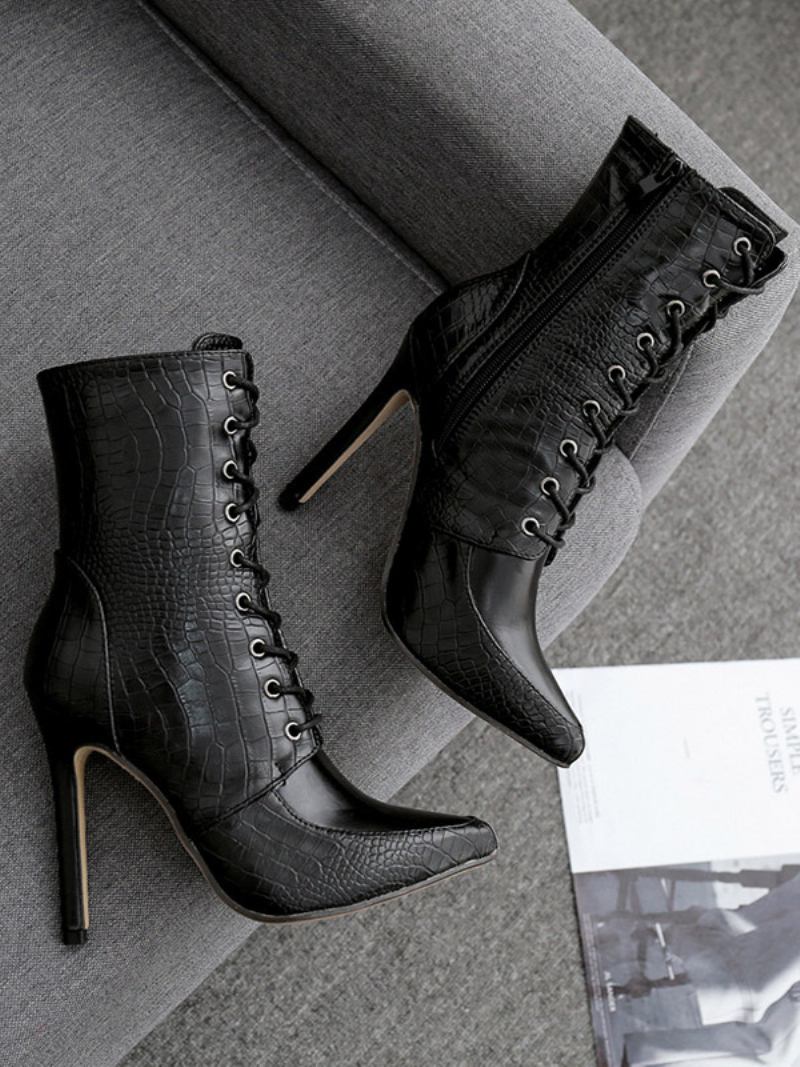 Botas Femininas Couro Pu Com Bico Fino E Salto Agulha - Preto