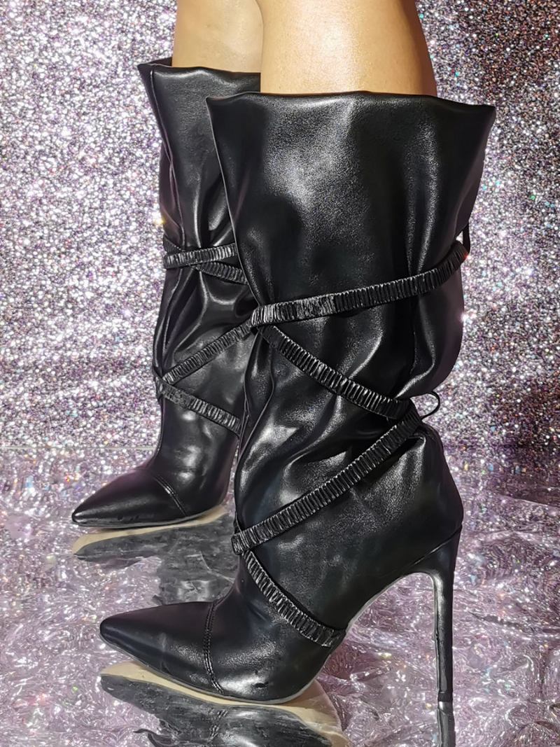 Botas Femininas Couro Pu Com Bico Fino E Salto Agulha - Preto