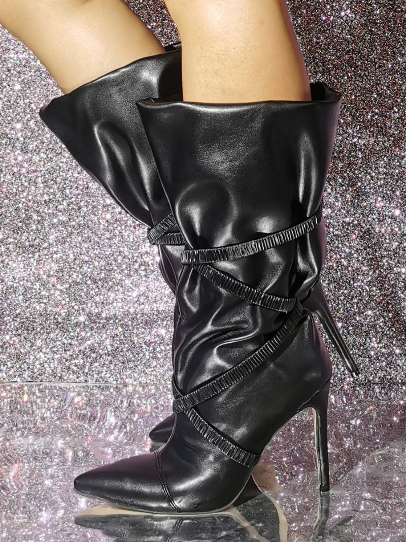 Botas Femininas Couro Pu Com Bico Fino E Salto Agulha - Preto