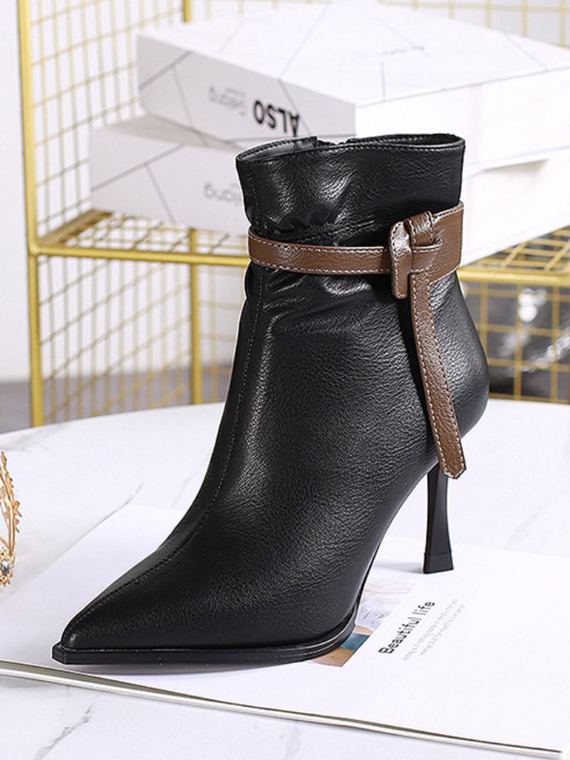 Botas Femininas Couro Pu Com Bico Fino E Salto Agulha