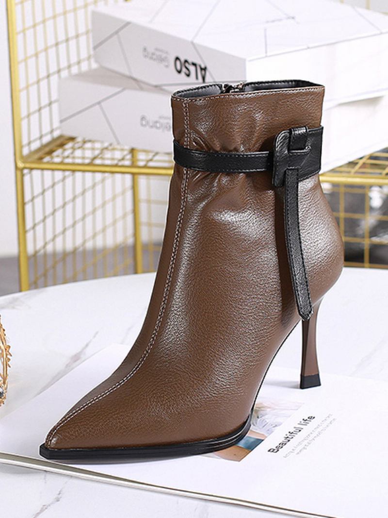 Botas Femininas Couro Pu Com Bico Fino E Salto Agulha - Café Marrom