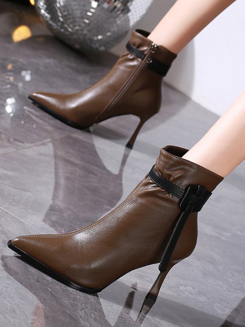 Botas Femininas Couro Pu Com Bico Fino E Salto Agulha - Café Marrom