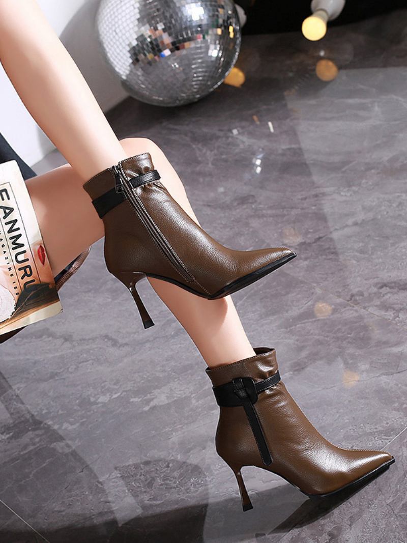 Botas Femininas Couro Pu Com Bico Fino E Salto Agulha - Café Marrom